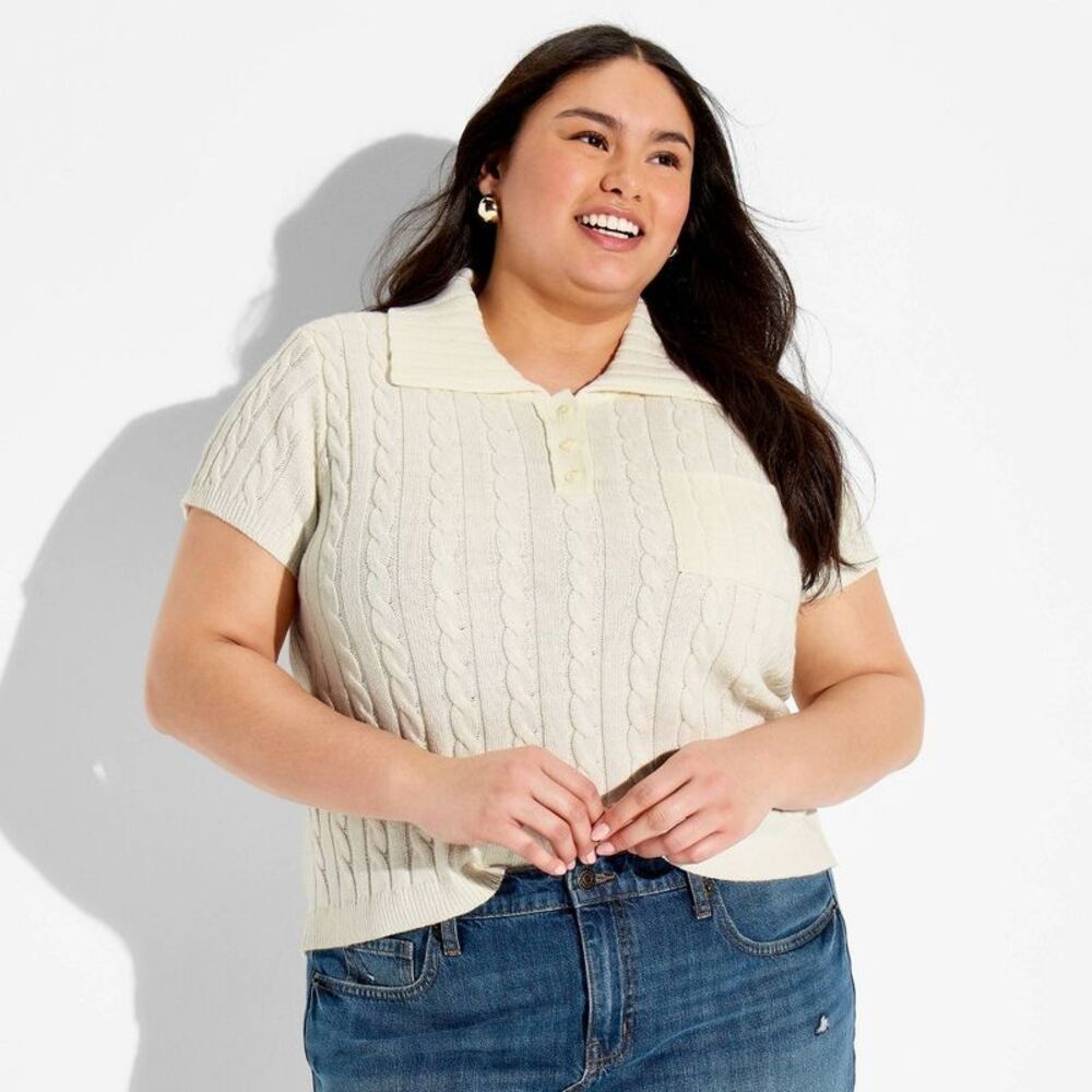 Women's Short Sleeve Cable Polo Pullover Sweater - Wild Fable Cream XXL